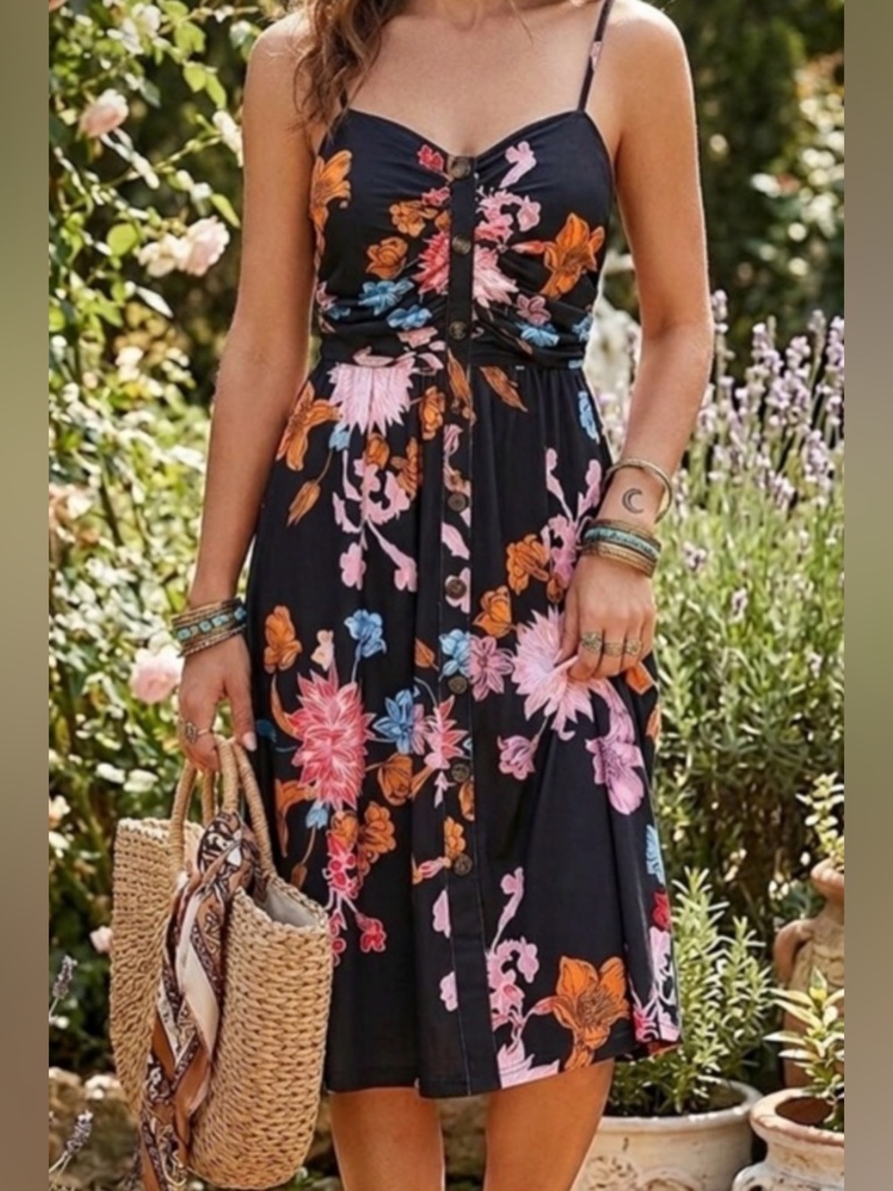 Whimsigoth Dark Floral Ruched Midi Button Front Sundress | Retro 90s Vibe L
